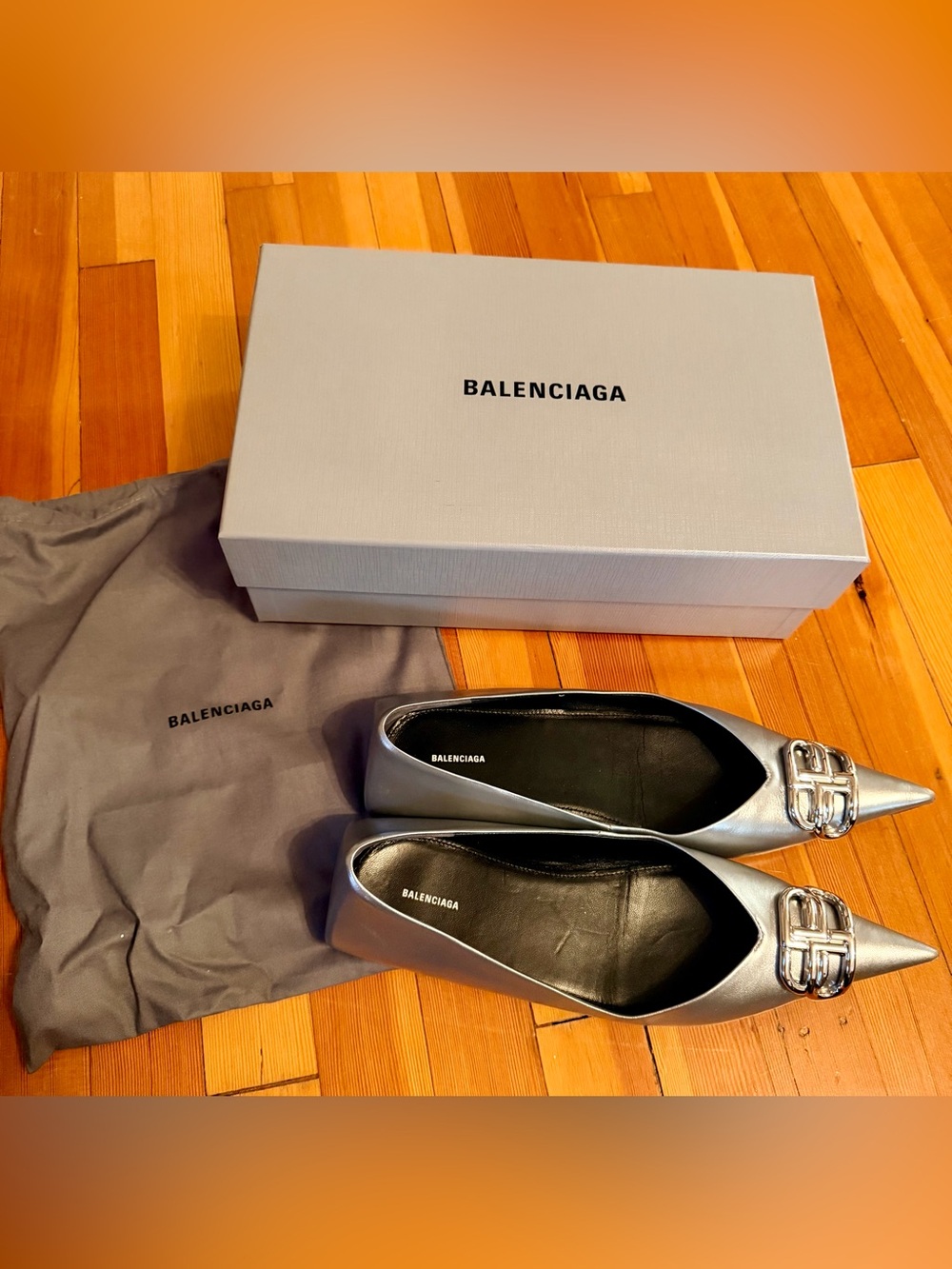 Balenciaga BB Square Knife Ballerina Flats in Metallic Silver Women Sz 10/EU 40